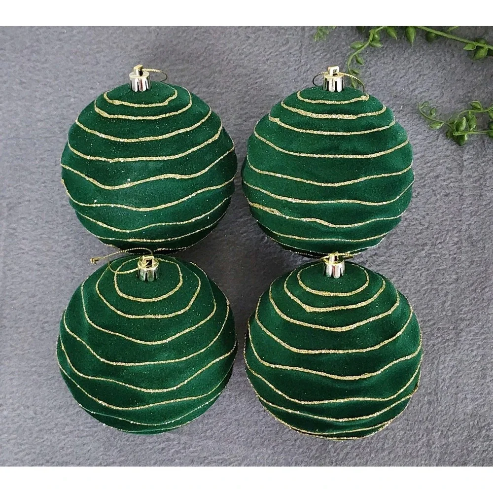 4 Green Velvet‎ Flocked Christmas Wavy Ball Ornaments Gold Glitter Plastic 4